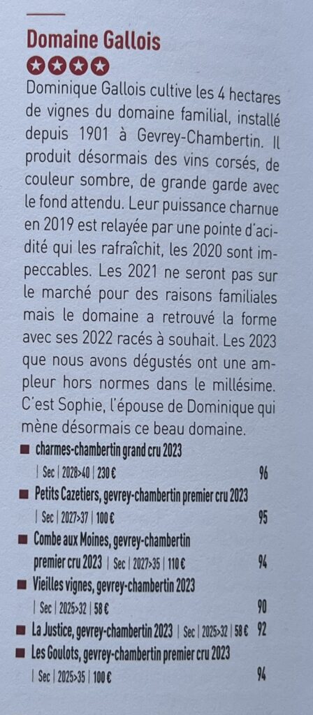 Commentaires Millésime 2023 Domaine Gallois Bettane & Desseauve